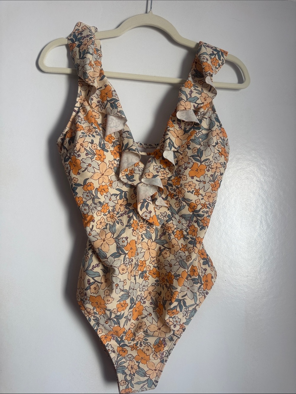 Women’s Floral Ruffle V-Neck One-Piece Swimsuit in Cream and Orange